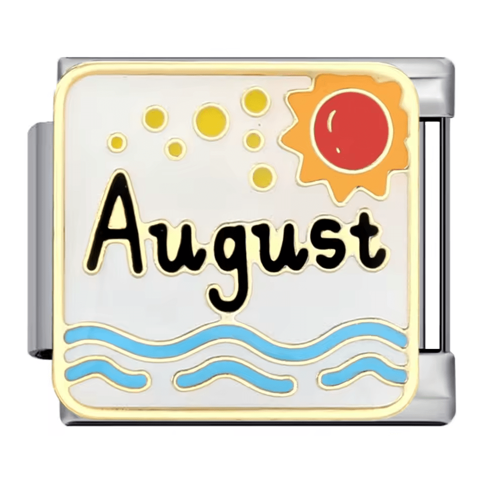 August text Italian charm 9mm with sun and wave enamel design