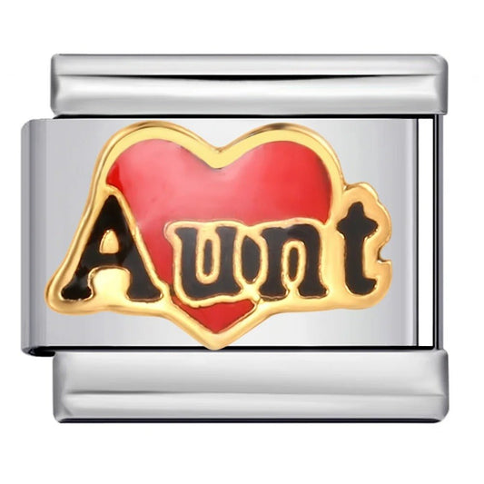 Aunt heart 9mm Italian charm bracelet link red and gold family themed charm