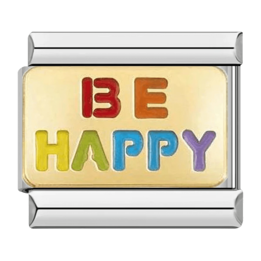 Be Happy multicolored block letters on gold background 9mm Italian charm