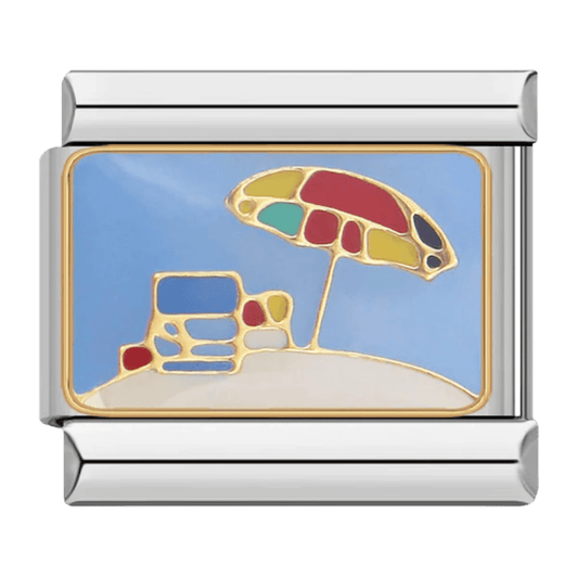 Beach day scene with colorful striped umbrella on sand 9mm Italian charm