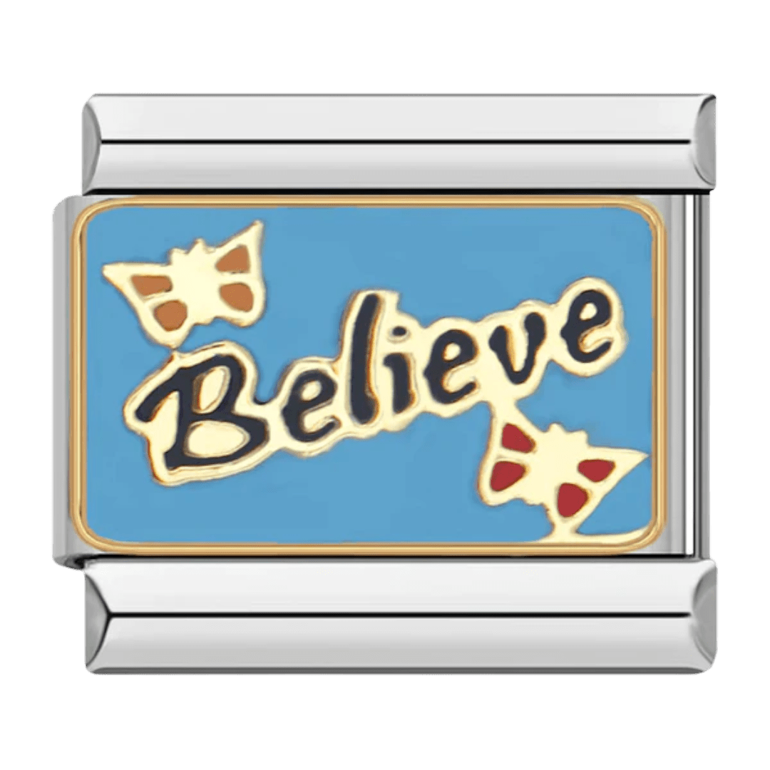 Believe gold script inspirational 9mm Italian charm on teal background with stars