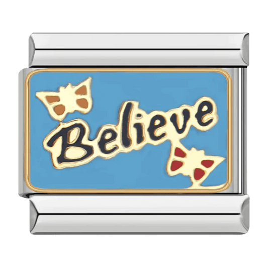Believe gold script inspirational 9mm Italian charm on teal background with stars