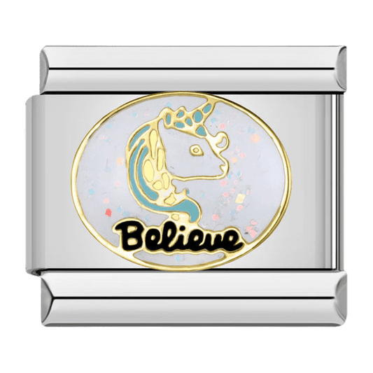 Believe gold script with pastel unicorn in oval frame sparkle accents 9mm Italian charm