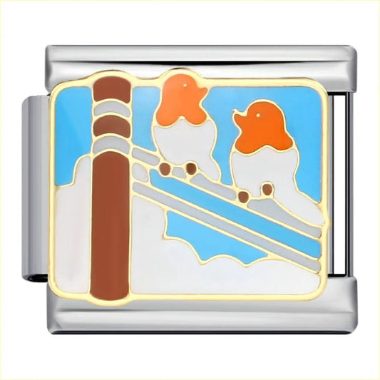 Birds on a wire Italian charm link – orange birds sitting together on blue enamel 9mm stainless steel charm by Charmette