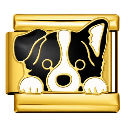 Black and white puppy face Italian charm 9mm Gold