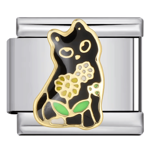 Black cat Italian charm 9mm cat holding flowers enamel design