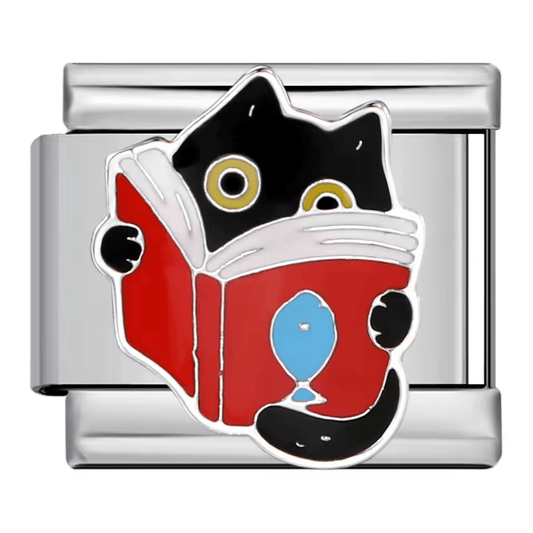 Black cat reading red book Italian charm 9mm