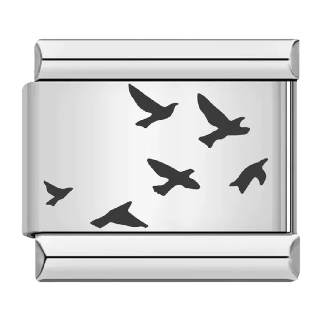 Black flying bird flock silhouettes on white background 9mm Italian charm