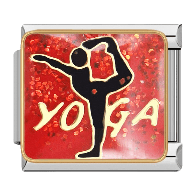 Black yoga pose silhouette on red glitter 9mm Italian charm with gold-tone border