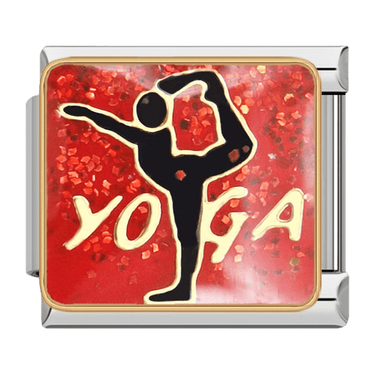 Black yoga pose silhouette on red glitter 9mm Italian charm with gold-tone border