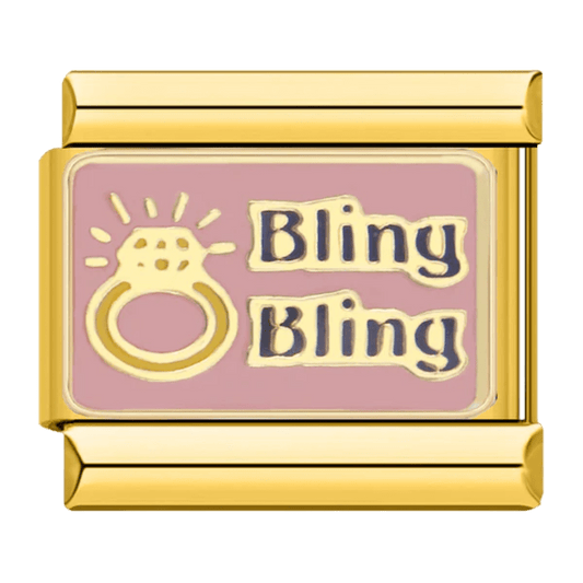 Bling Bling green text with diamond ring on pink background gold tone 9mm Italian charm