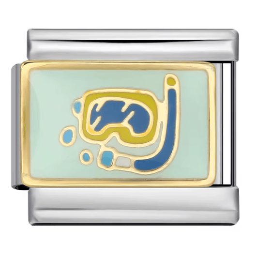 Blue and gold snorkel and goggles Italian charm link for Charmette and Nomination-style 9 mm bracelets