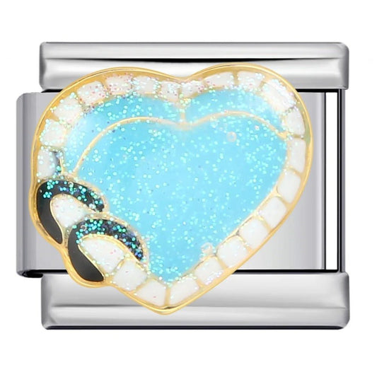Blue pool heart 9mm Italian charm bracelet link with swimming goggles detail