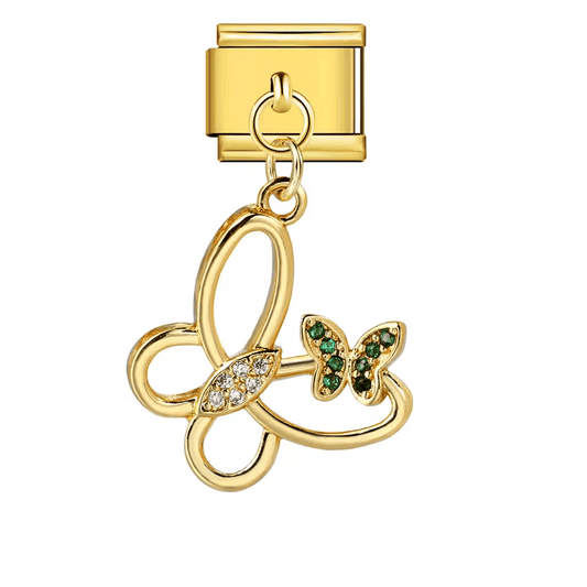 Butterfly Italian charm 9mm with gold-tone link and green stone details Gold