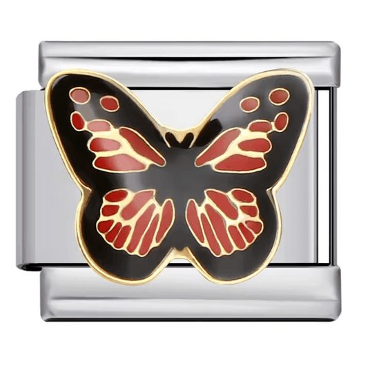 Butterfly wings Italian charm 9mm with dark enamel and red-orange details