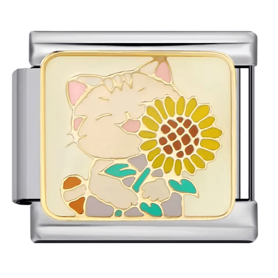 Cat holding yellow flower Italian charm 9mm