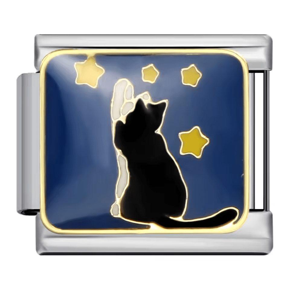 Cat reaching for stars night sky Italian charm 9mm cat stars Italian charm link