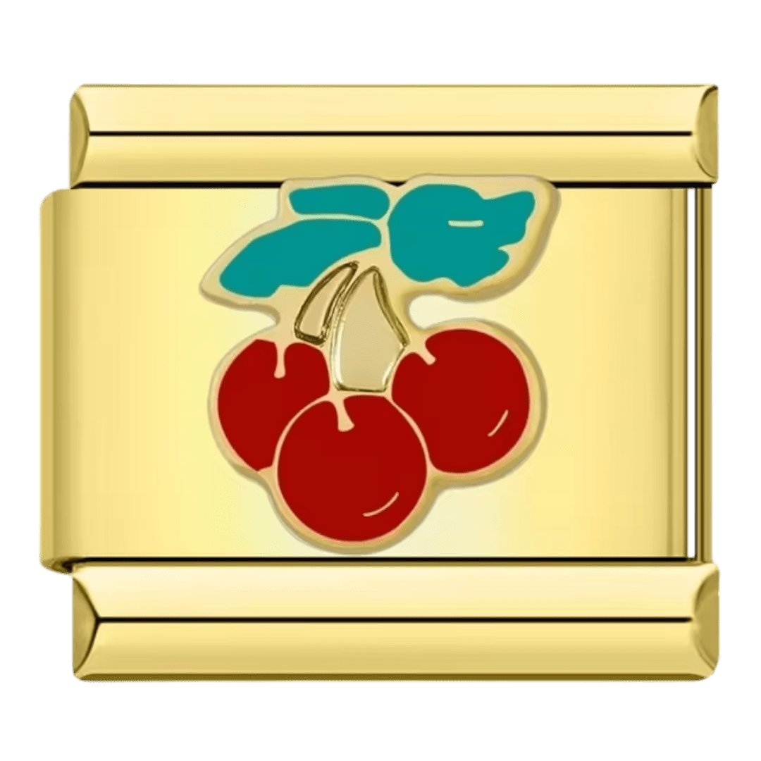 Cherries Italian Charm (9mm) in gold for Italian charm bracelet, red cherry enamel link by Charmette