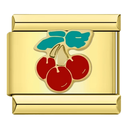 Cherries Italian Charm (9mm) in gold for Italian charm bracelet, red cherry enamel link by Charmette