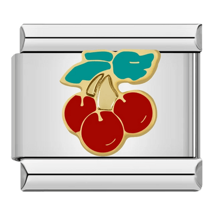 Cherries Italian Charm (9mm) in silver for Italian charm bracelet, red cherry enamel link by Charmette