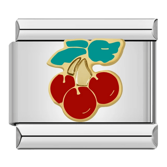 Cherries Italian Charm (9mm) in silver for Italian charm bracelet, red cherry enamel link by Charmette