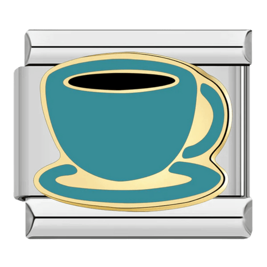 Coffee Cup Italian Charm for 9mm Italian charm bracelet in stainless steel
Coffee lover Italian charm coffee cup design close up on bracelet
9mm Italian charm coffee cup stainless steel coffee themed jewelry
Italian charm bracelet coffee cup charm for caffeine lovers gift