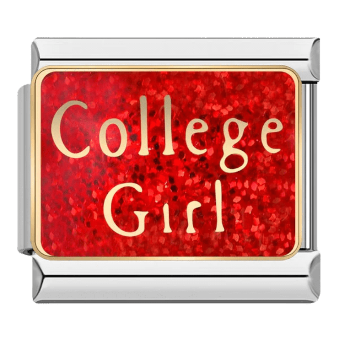 College Girl gold script on red glitter background 9mm Italian charm