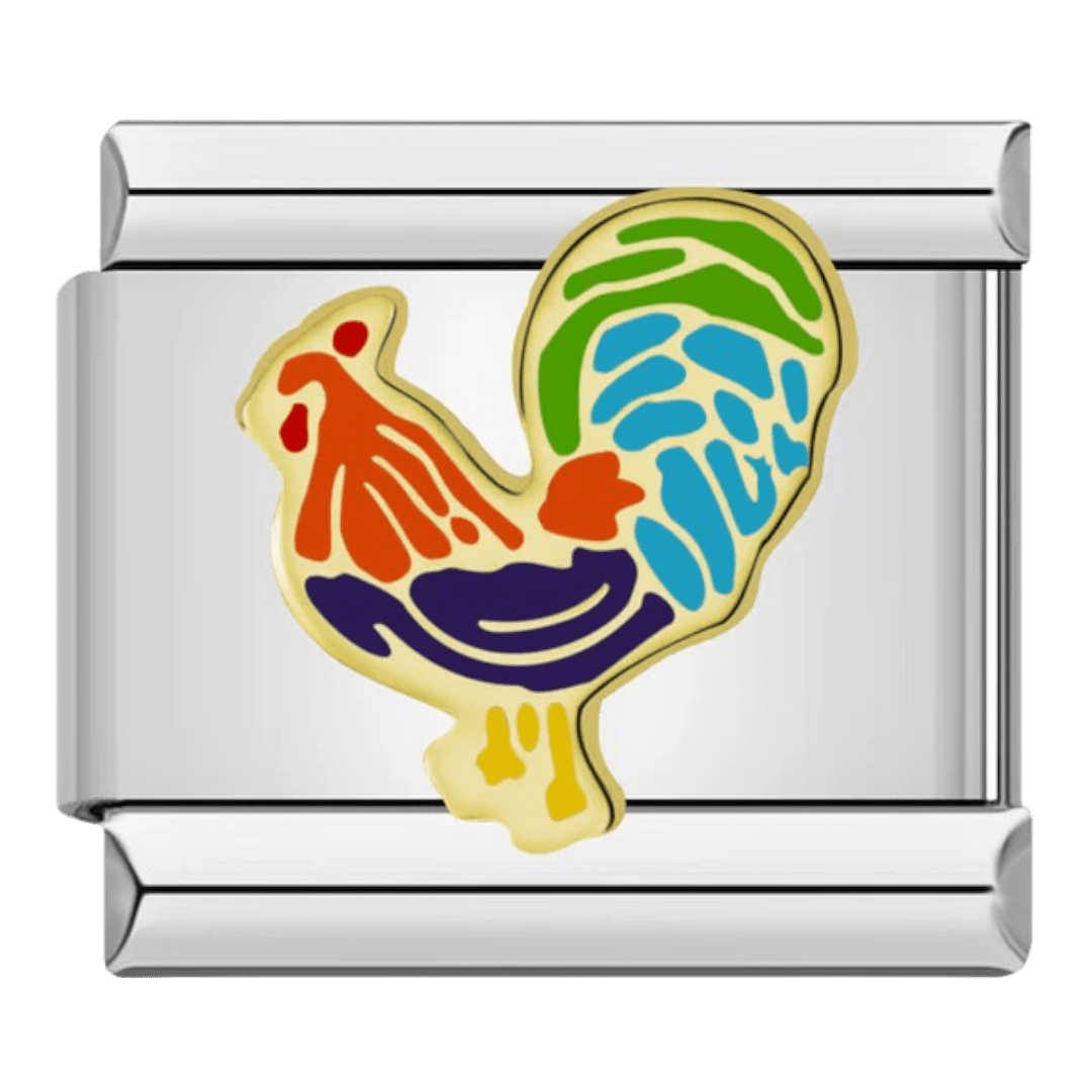 Colorful rooster with red orange green blue and purple plumage 9mm Italian charm