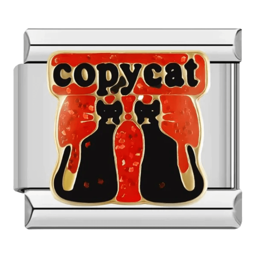 Copycat gold text with two black cat silhouettes on red background 9mm Italian charm