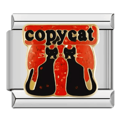 Copycat gold text with two black cat silhouettes on red background 9mm Italian charm