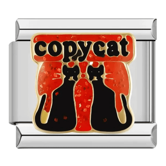 Copycat gold text with two black cat silhouettes on red background 9mm Italian charm