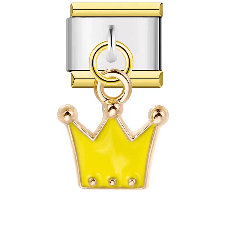 Crown Italian charm 9mm with yellow enamel crown and silver-tone link
