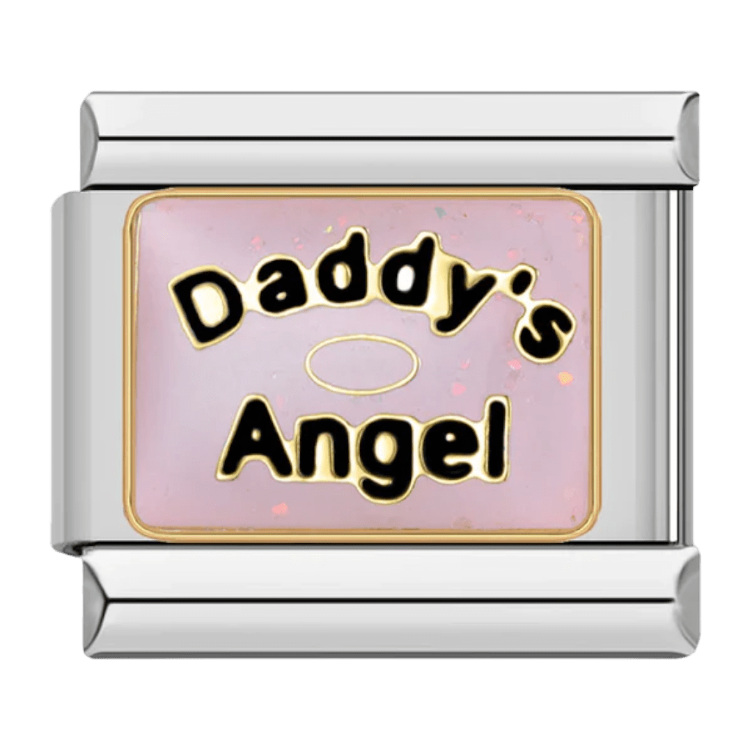 Daddy's Angel family Italian charm 9mm pink enamel with halo accent