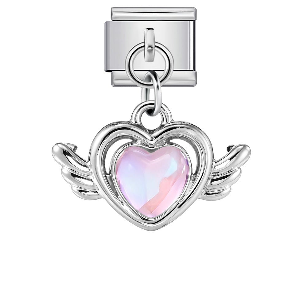 Dangling Angel Heart Pink 9mm Italian charm with pink heart and angel wings on stainless steel bracelet – Charmette