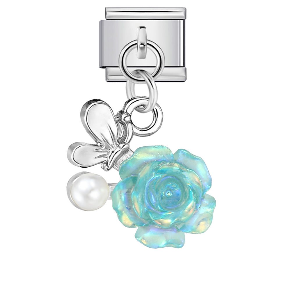 Dangling blue rose 9mm Italian charm by Charmette compatible with all Italian charm bracelets