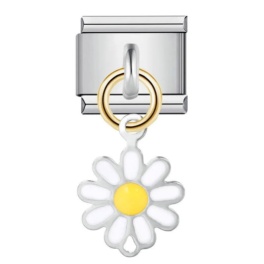 Dangling daisy flower a Italian charm 9mm white petals yellow center
