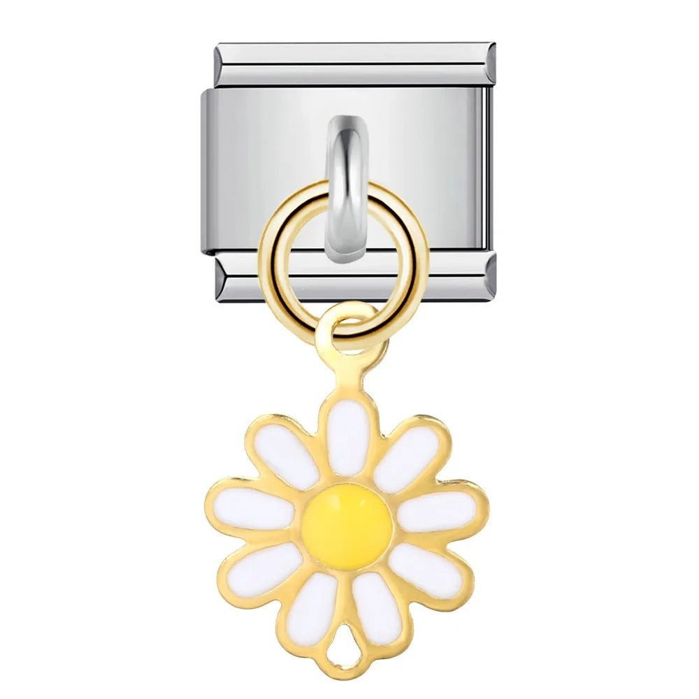 Dangling daisy flower Italian charm 9mm white petals yellow center