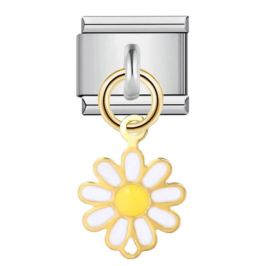 Dangling daisy flower Italian charm 9mm white petals yellow center