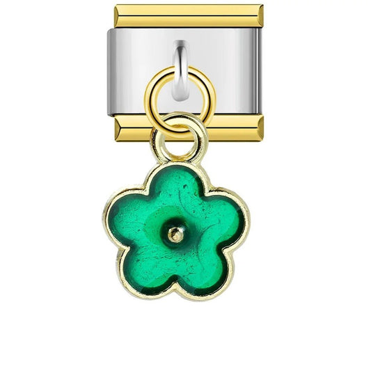 Dangling green flower Italian charm 9mm green enamel flower pendant