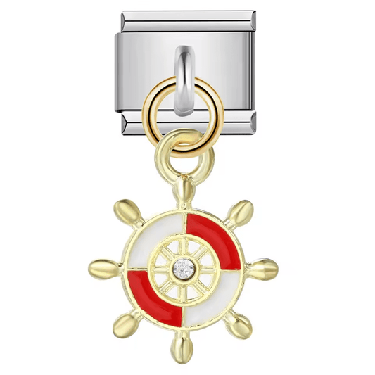 Dangling helm Italian charm 9mm with red enamel ship wheel design