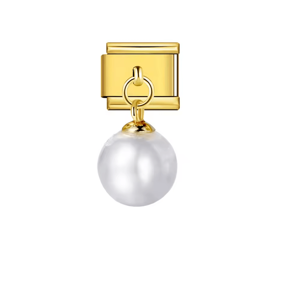 Dangling pearl Italian charm 9mm with silver-tone link and white pearl drop Gold