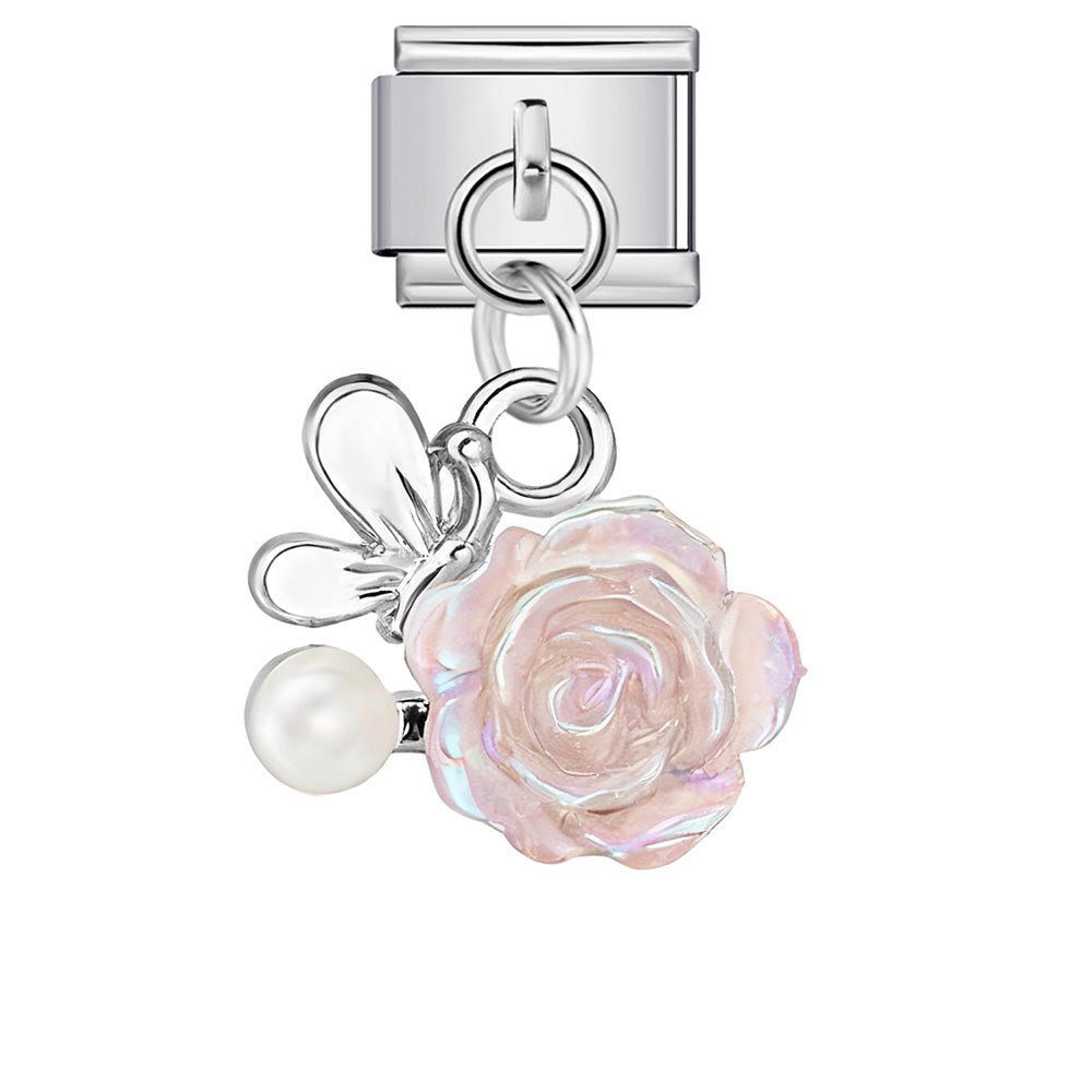 Dangling pink rose 9mm Italian charm by Charmette compatible with all Italian charm bracelets