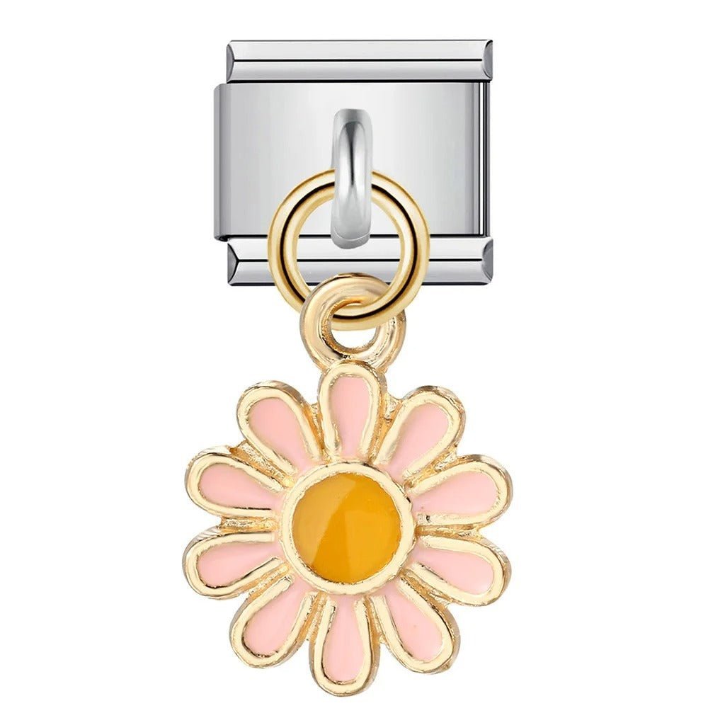 Dangling pink sunflower 9mm Italian charm on charm bracelet