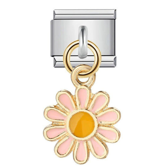 Dangling pink sunflower 9mm Italian charm on charm bracelet