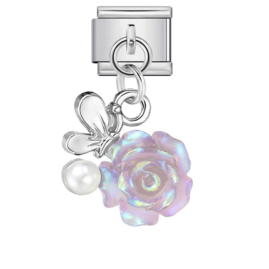Dangling purple rose 9mm Italian charm by Charmette compatible with all Italian charm bracelets