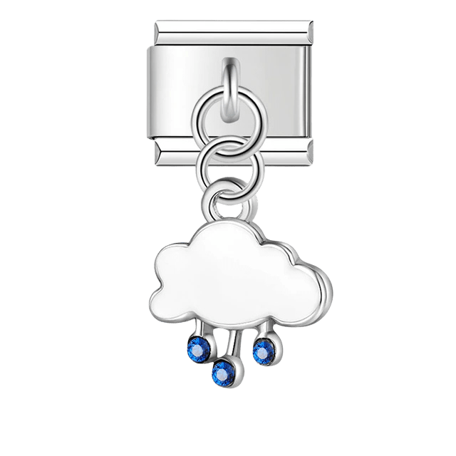Dangling rain cloud Italian charm with blue raindrops 9mm bracelet link