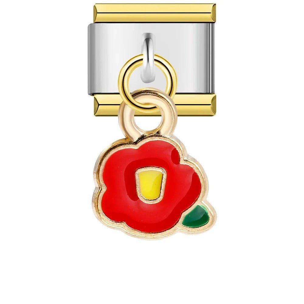 Dangling red flower Italian charm 9mm red petals yellow center green leaf