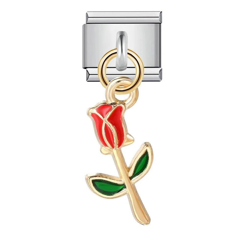 Dangling rose Italian charm 9mm red rose pendant with green leaves