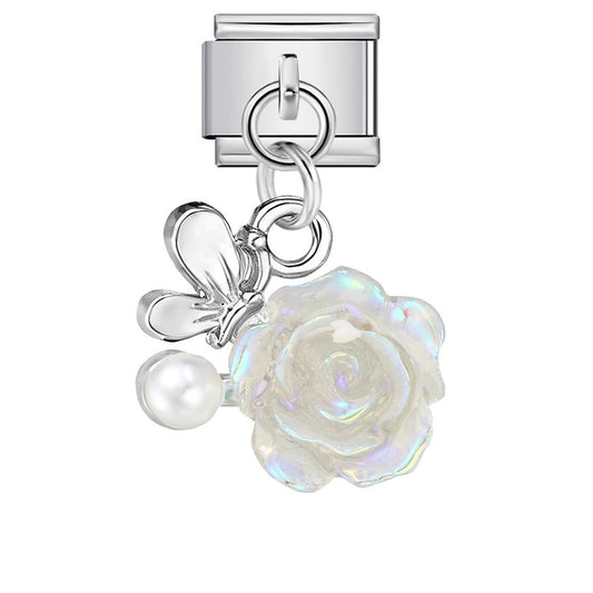 Dangling silver rose 9mm Italian charm by Charmette compatible with all Italian charm bracelets
