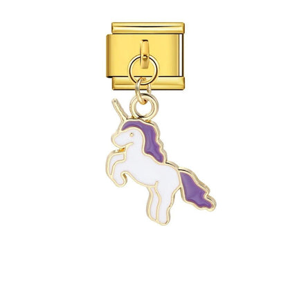 Dangling unicorn Italian charm 9mm purple mane pendant Gold